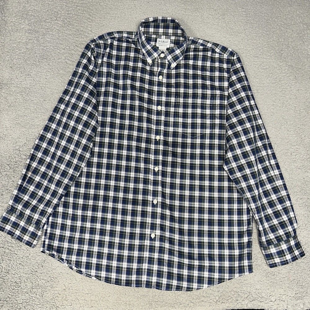 LL Bean Shirt Men's Size L Blue White Plaid Check Slightly Fitted Button Down